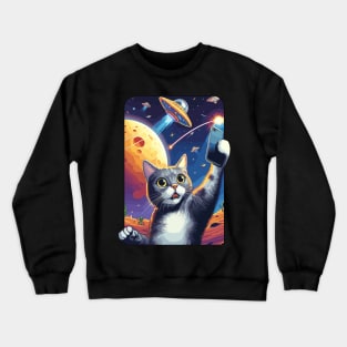 Cute And Funny Cat Selfie With UFOs Behind Crewneck Sweatshirt